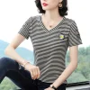 Daisy embroidered striped T-shirt for women, short sleeve, 2021 Summer new style, V-neck base layer for middle-aged mothers, slimming and shaping details Picture